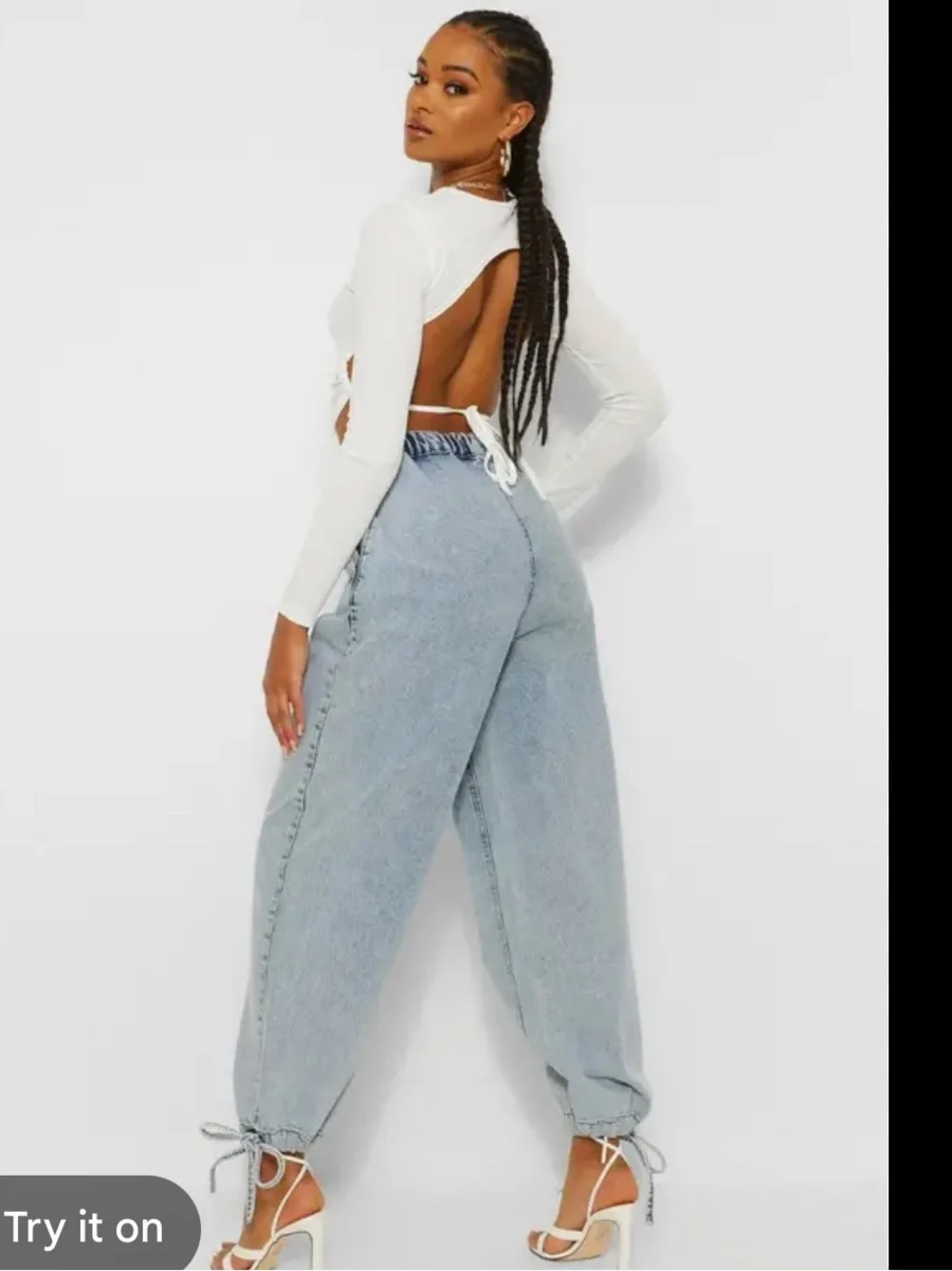 Boohoo Light Blue Paperbag Waist Boyfriend Jeans with Drawstring Hems - Picture 2 of 6